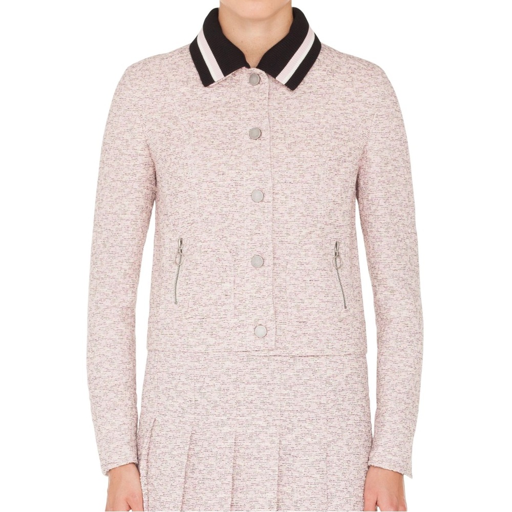Akris Punto Pink Tweed Button Front Jacket Blazer Detachable Knit Collar 6